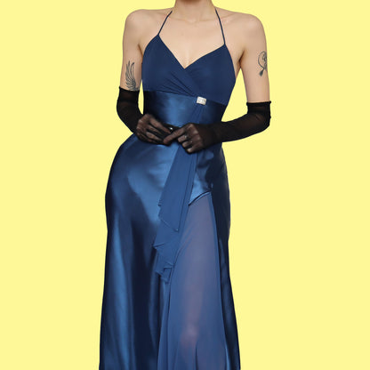 Blue satin halter-neck evening dress UK 12