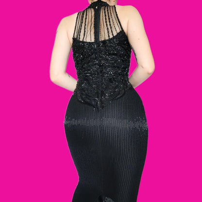 Beautiful black heavily beaded high neck evening dress UK 10