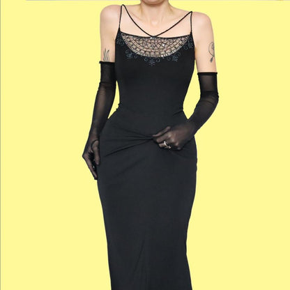 Black beaded sheer cut out evening dress UK 12