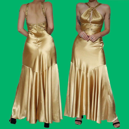 Gold Dave & Johnny satin evening dress UK 10
