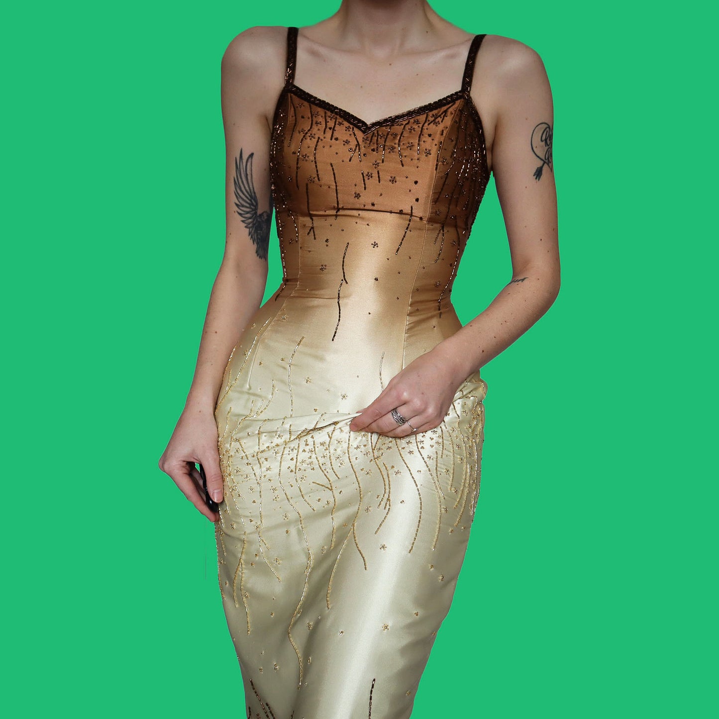 Golden YVE beaded fitted evening dress UK 10