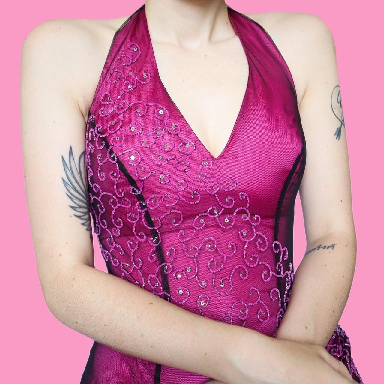 Stunning pink a line halter neck evening prom dress UK 10