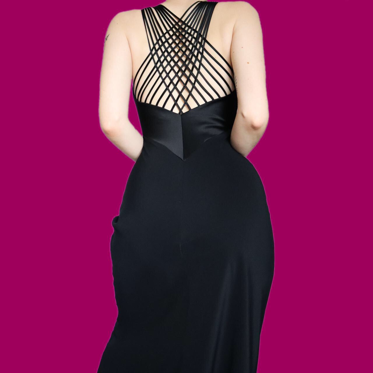 Stunning black strappy back evening dress UK 8