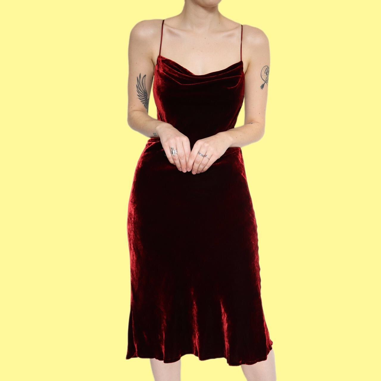 Stunning silk blend dark red velvet slip midi dress UK 14