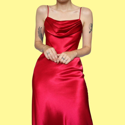 Red satin slip evening dress UK 8