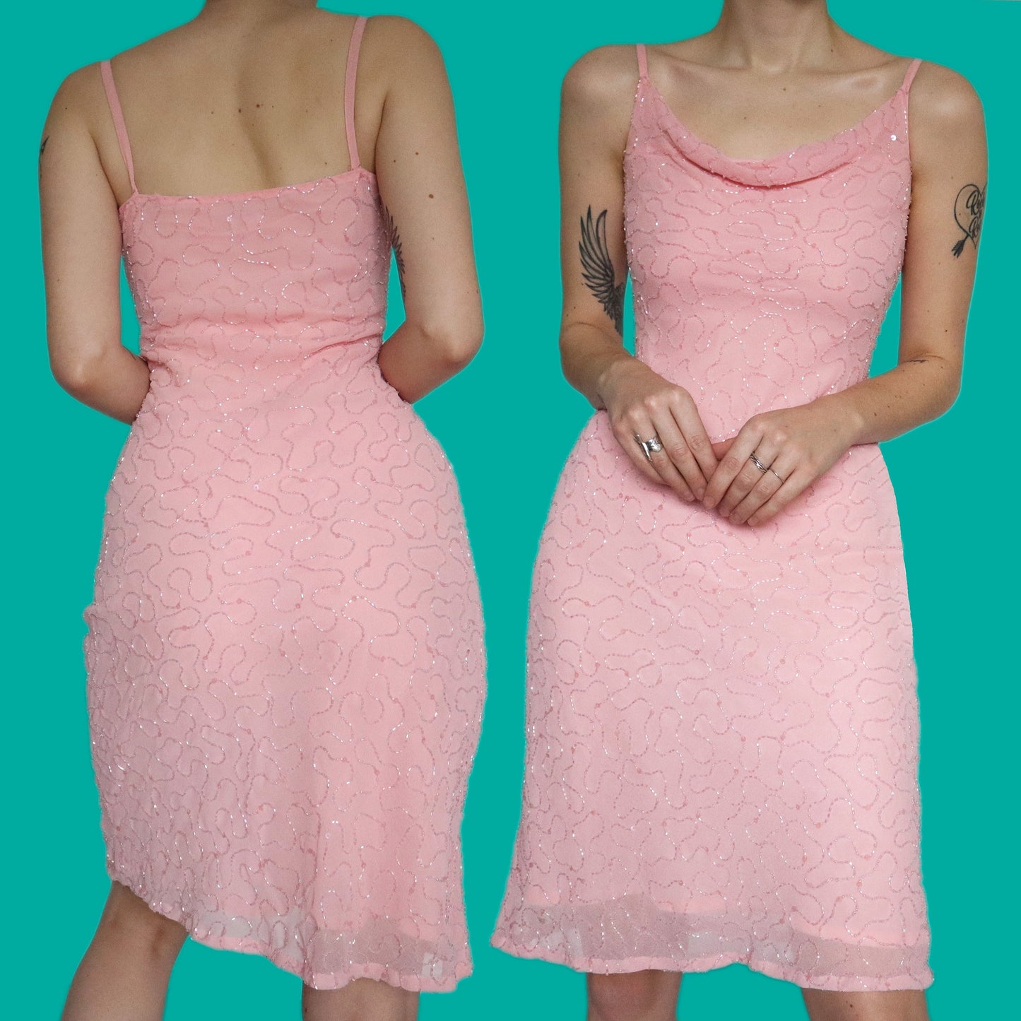 Cute baby pink Etam beaded 2 piece party dress UK 8