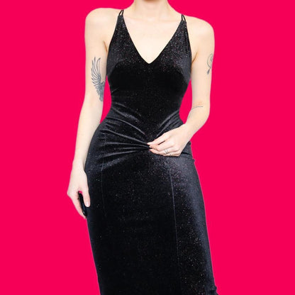 Black glittery velvet stretch evening dress UK 12