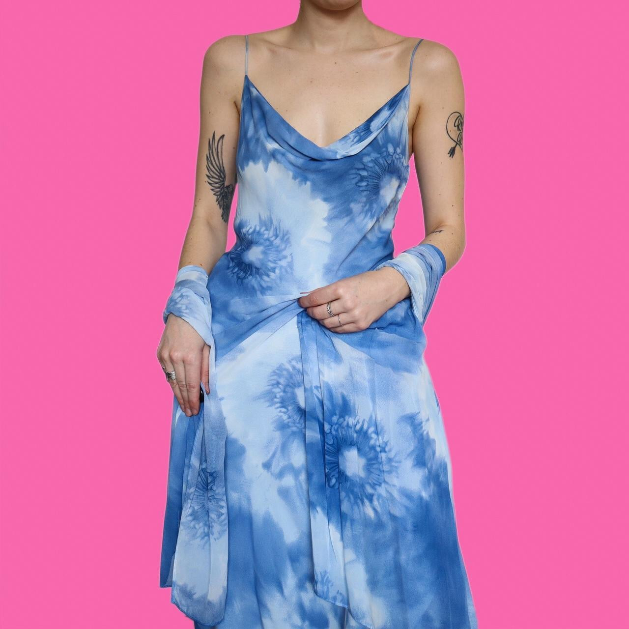 Beautiful blue tie dye slip dress with matching shawl UK 14