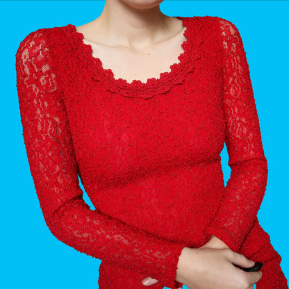 Red lace stretch long sleeve mini dress UK 10
