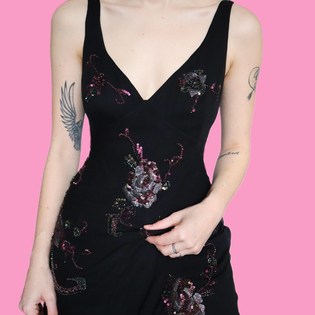 Beautiful chic black 100% silk floral party evening dress UK 12