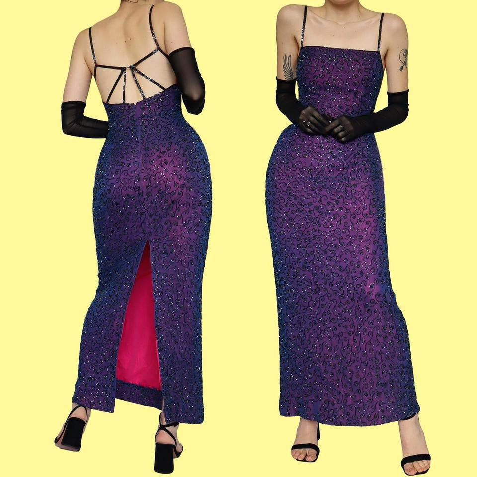 Purple 100% silk beaded evening dress UK 10-12