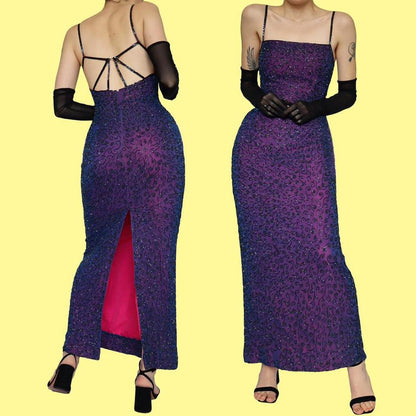 Purple 100% silk beaded evening dress UK 10-12