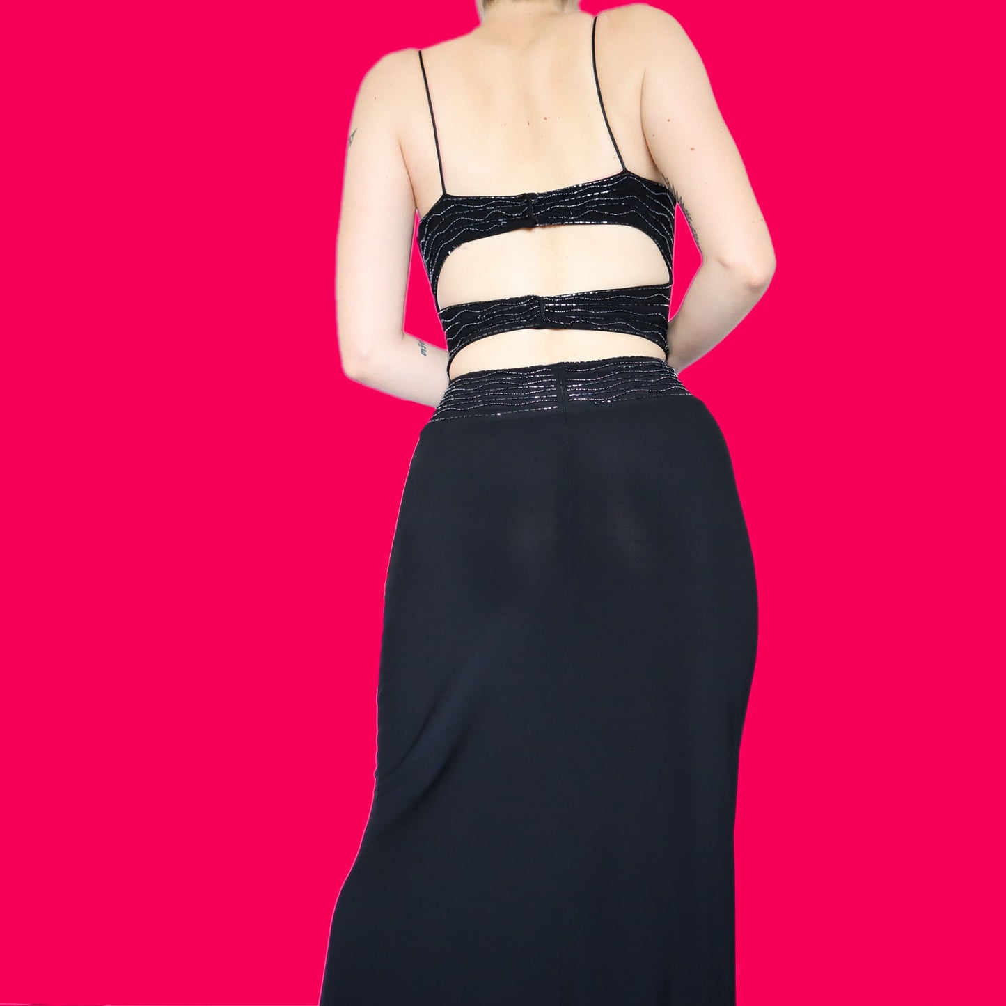 Black stretch beaded evening dress UK 14