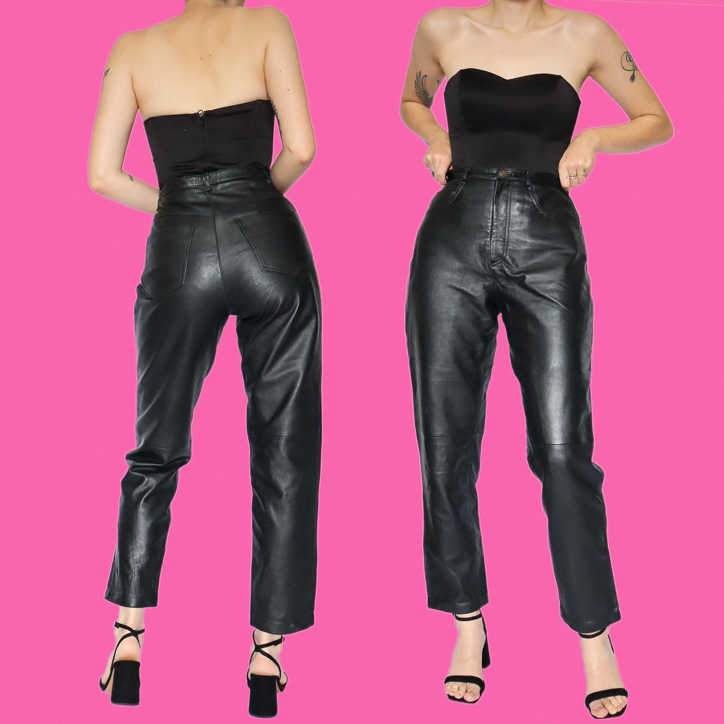 Black real leather high waisted trousers UK 10