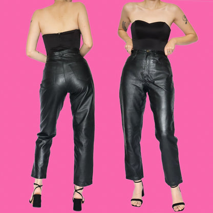 Black real leather high waisted trousers UK 10