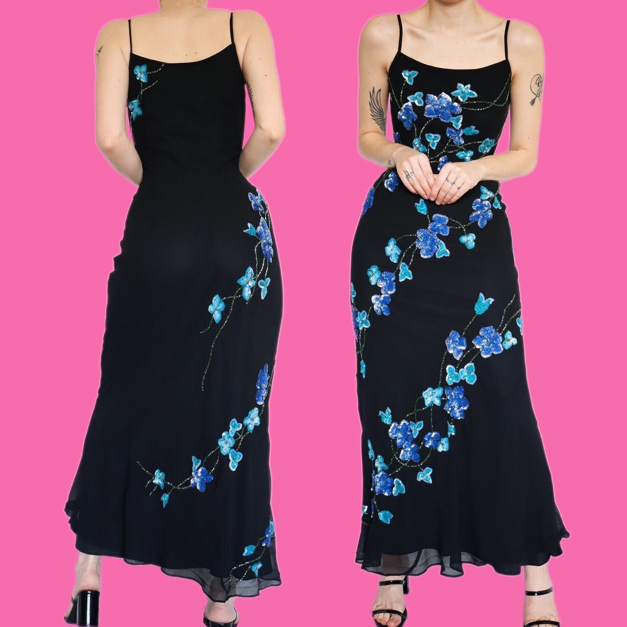 Beautiful black slip dress with blue floral sequin detail UK 12