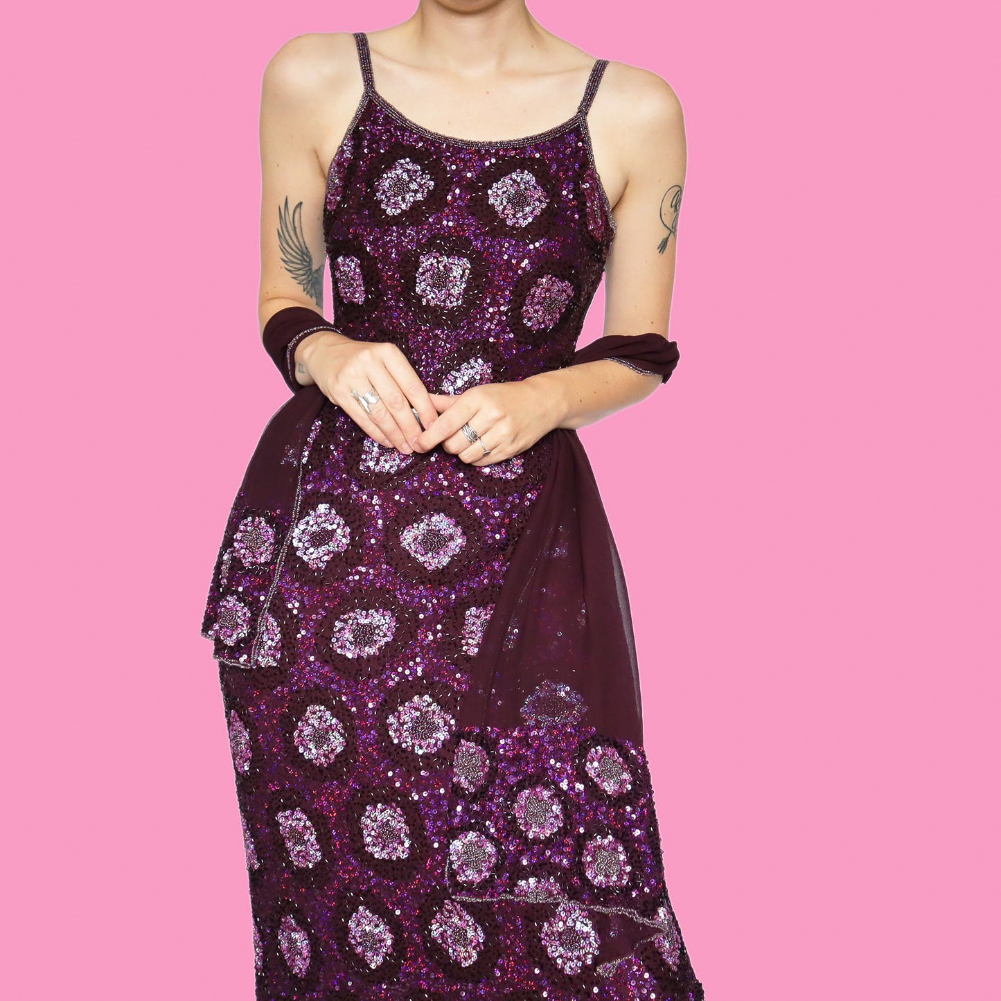 Purple 100% silk sequin/beaded evening dress & shawl UK 10