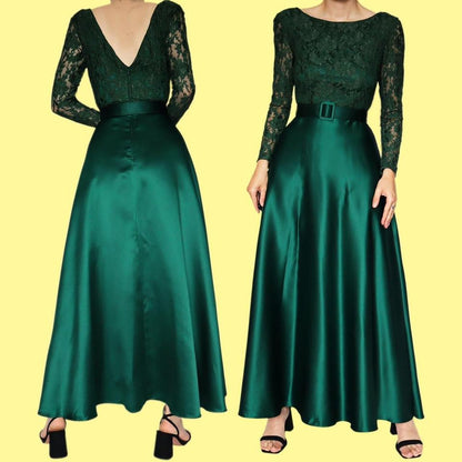 Green lace long sleeve a line evening dress UK 10