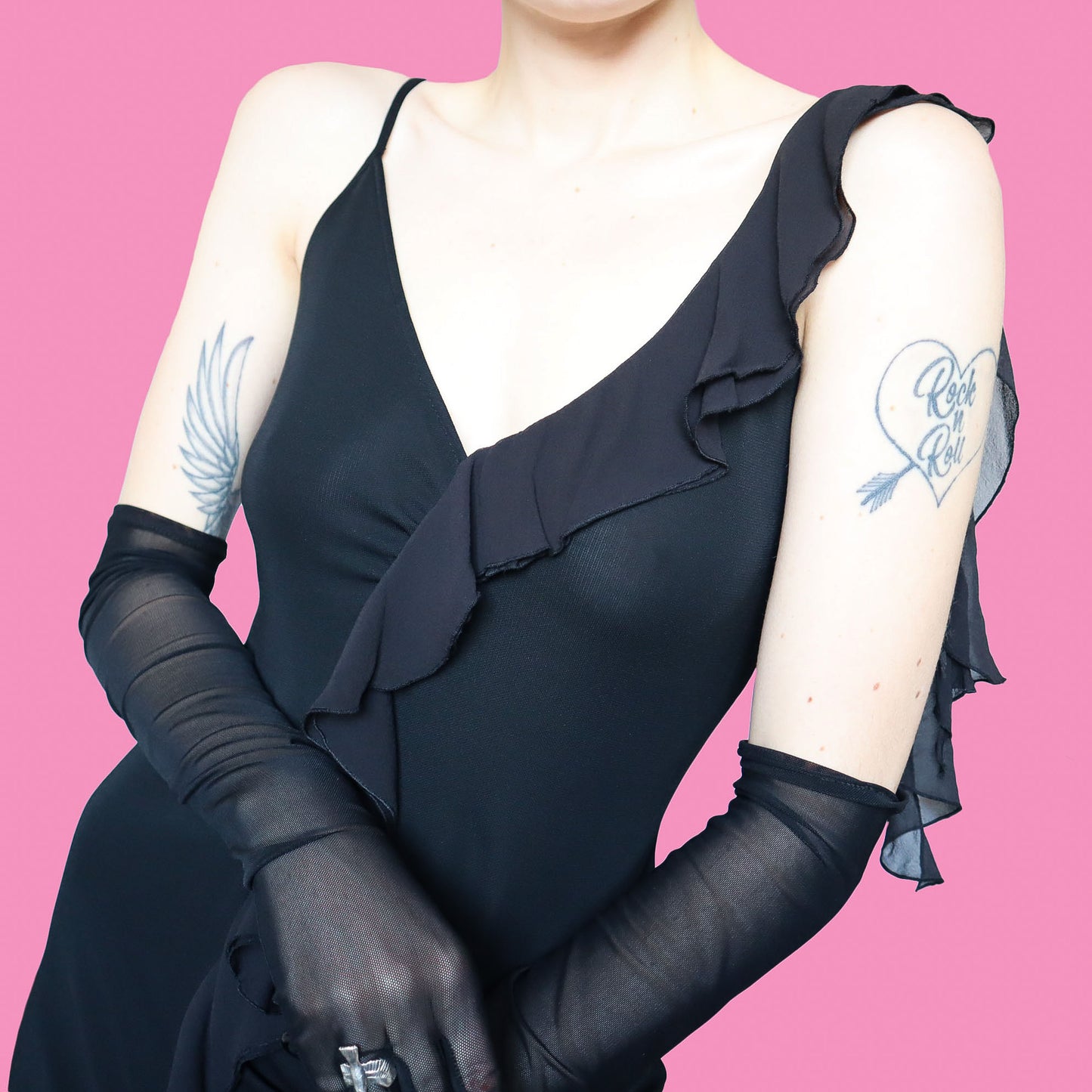 Black silk mix frilly evening dress UK 8 & UK 10