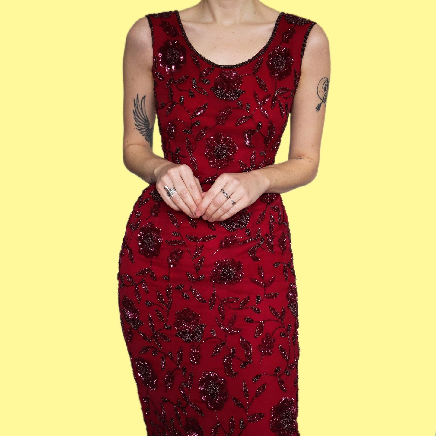 Stunning 100% silk dark red beaded/sequin floral evening dress UK 10