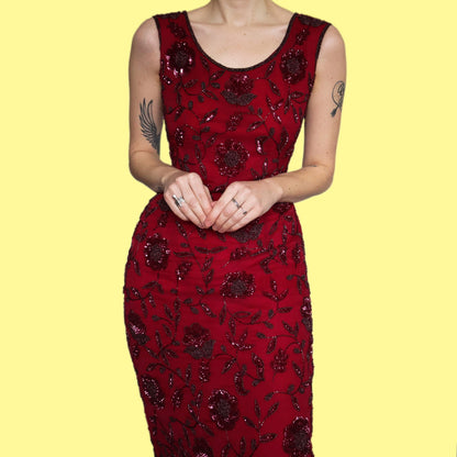 Stunning 100% silk dark red beaded/sequin floral evening dress UK 10