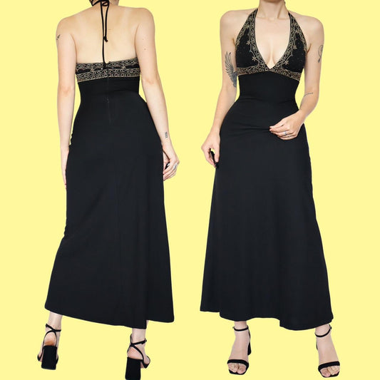 Black stretch halter neck evening dress UK 8