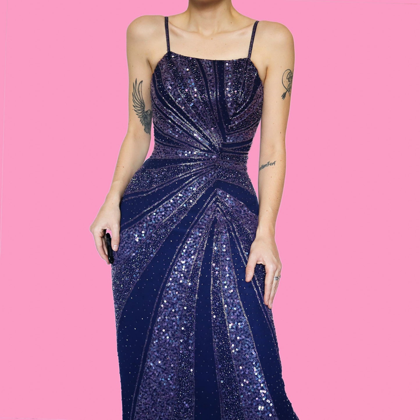 Purple Kaleidscope fitted sequin & beaded evening dress UK 12