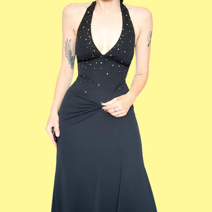 Chic black beaded sequin halter-neck evening dress UK 10