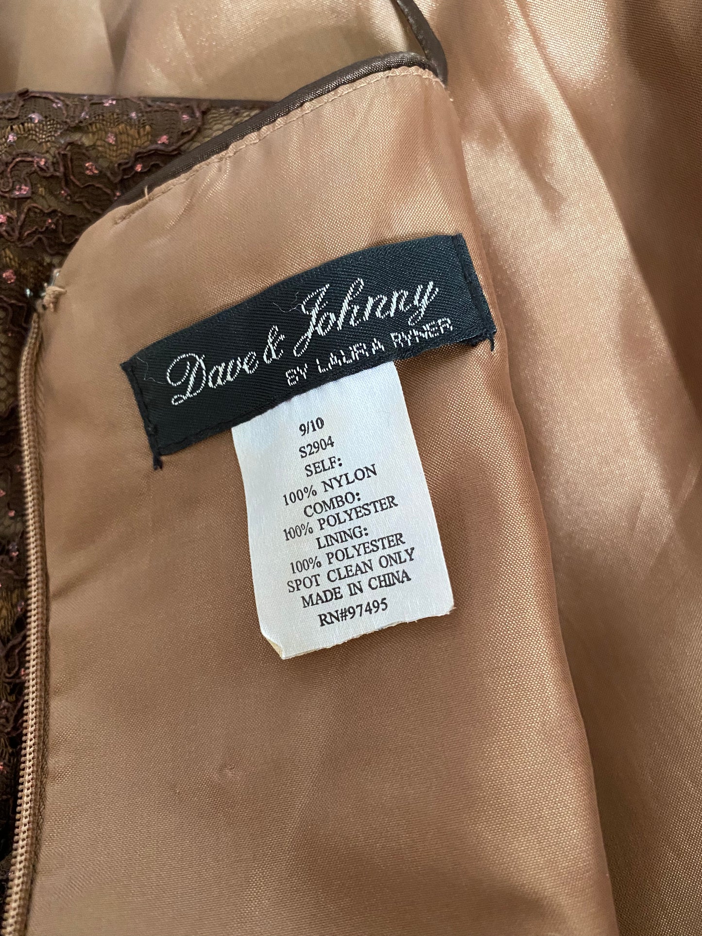 Dave & Johnny brown glittery lace evening dress UK 12