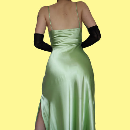 Green satin lace evening dress UK 14