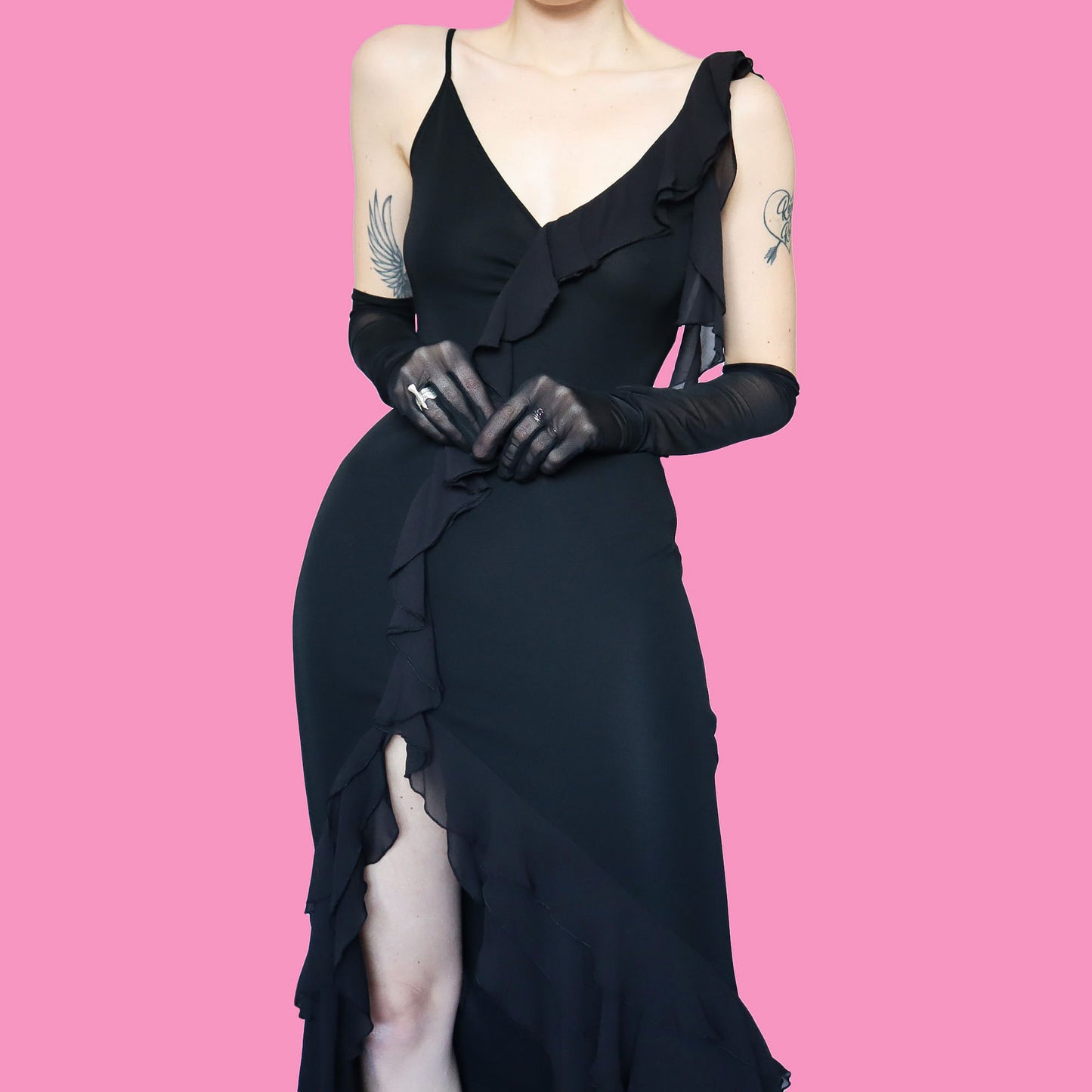 Black silk mix frilly evening dress UK 8 & UK 10