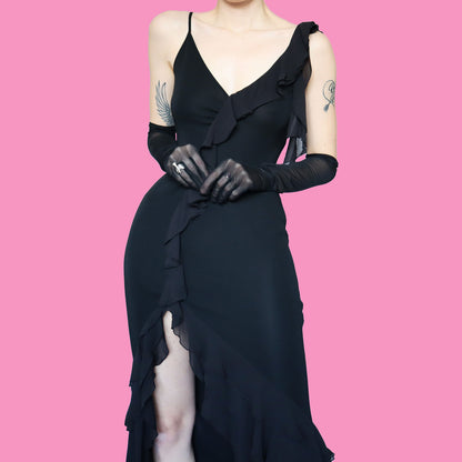 Black silk mix frilly evening dress UK 8 & UK 10