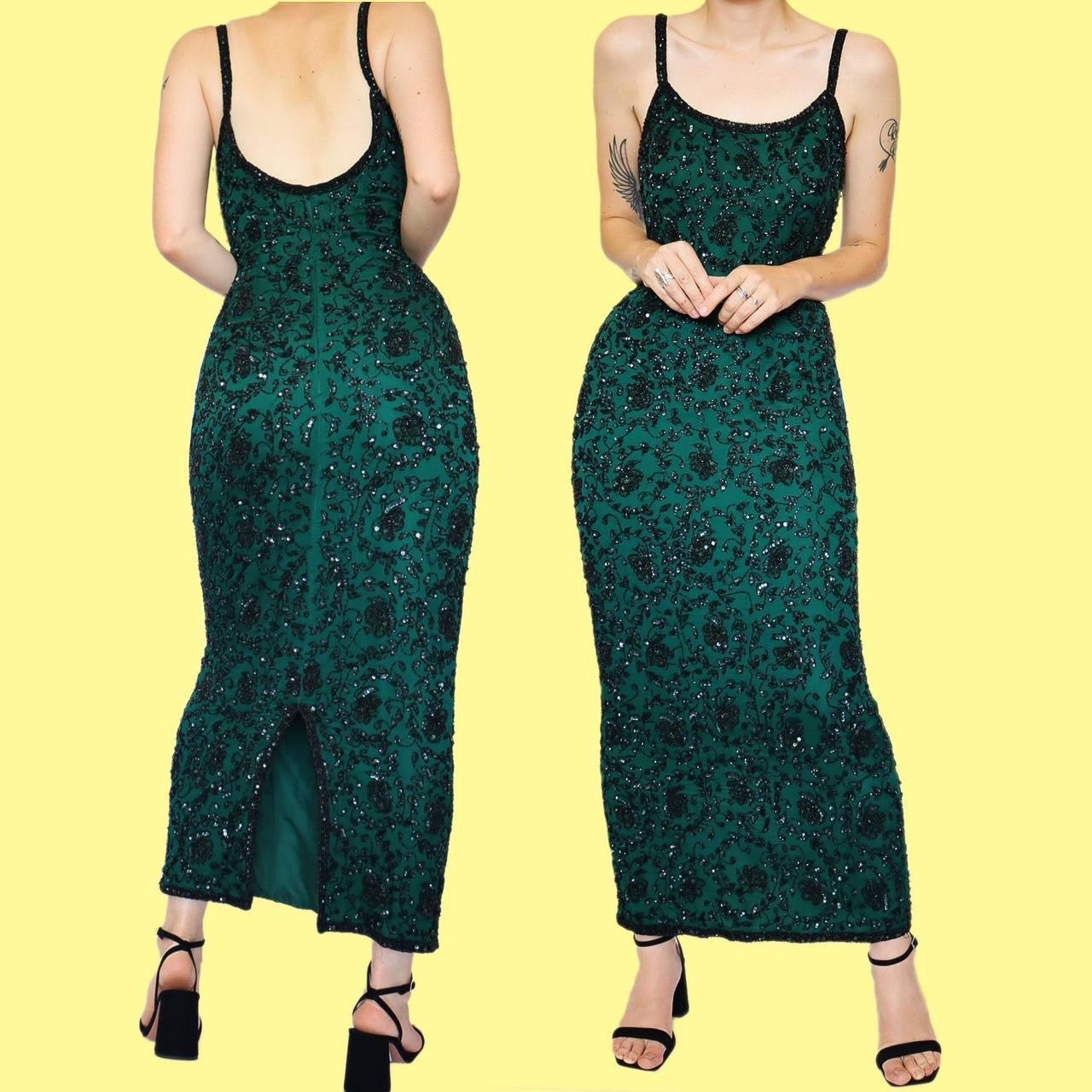 Green 100% silk beaded evening dress UK 12