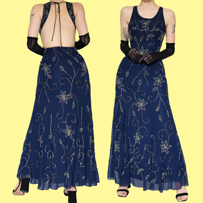 Navy blue beaded open back evening dress UK 10