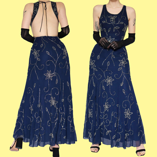 Navy blue beaded open back evening dress UK 10