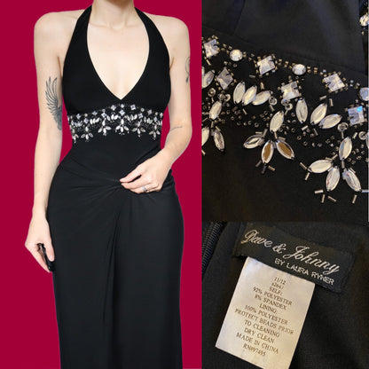 Black stretch halter neck evening dress UK 14