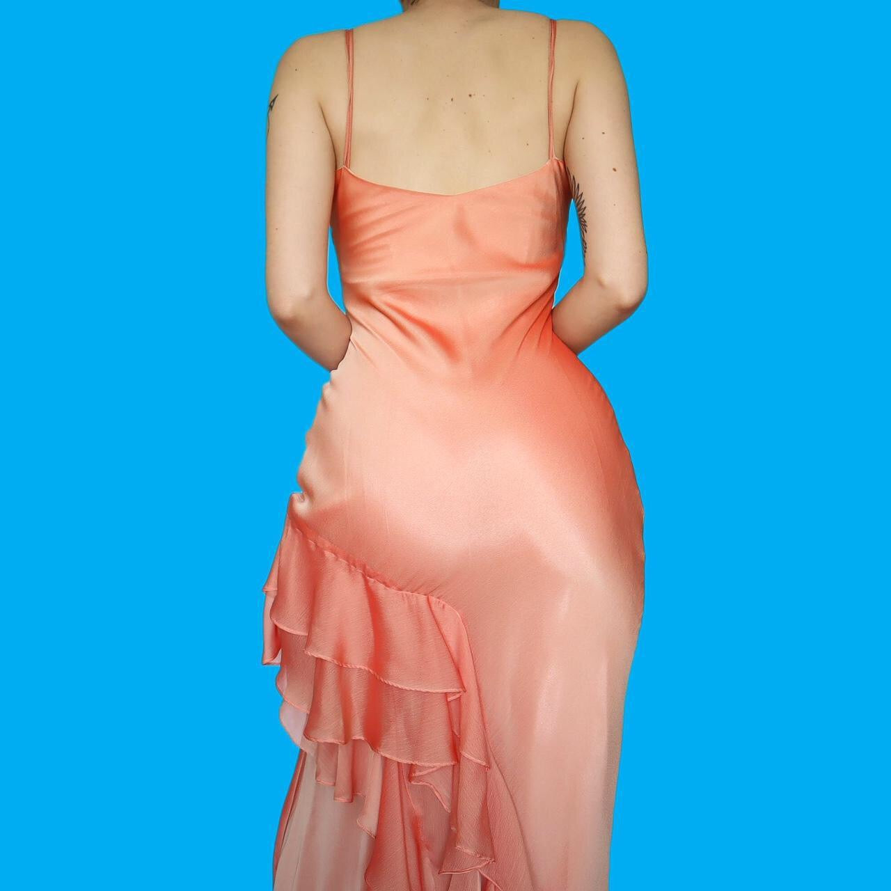 Beautiful peach chiffon frilly evening dress with shawl UK 10