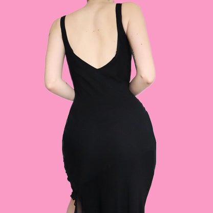 Beautiful chic black 100% silk floral party evening dress UK 12