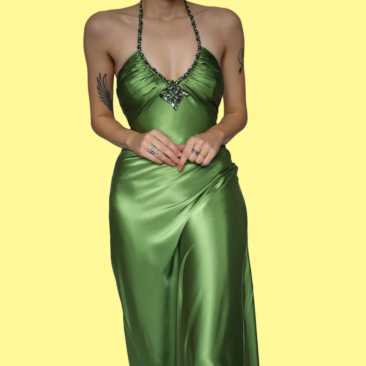 Silky green halter neck evening dress UK 12