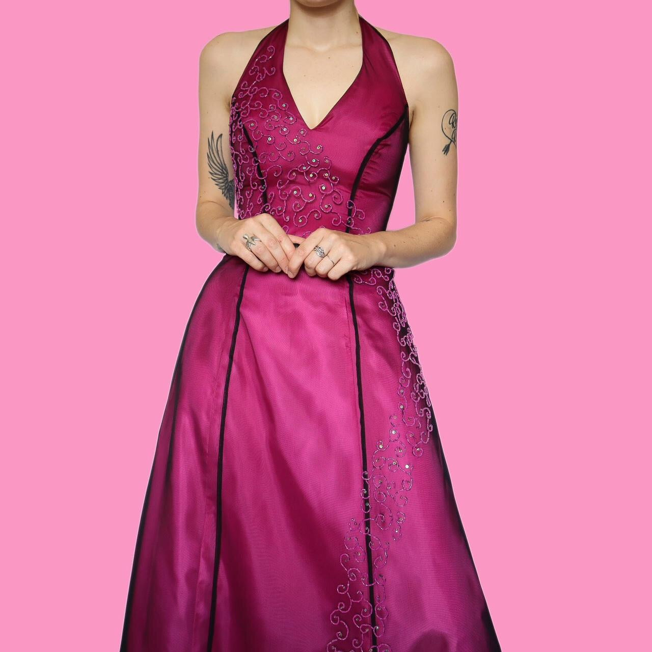 Stunning pink a line halter neck evening prom dress UK 10