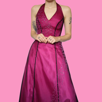 Stunning pink a line halter neck evening prom dress UK 10