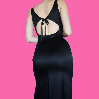 Chic black stretch open back detail evening dress UK 12