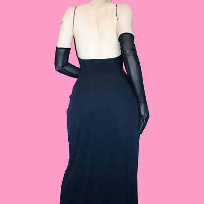 90s black wrap style evening dress UK S