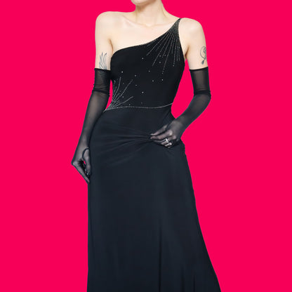 Black stretch one shoulder evening dress UK 10-12