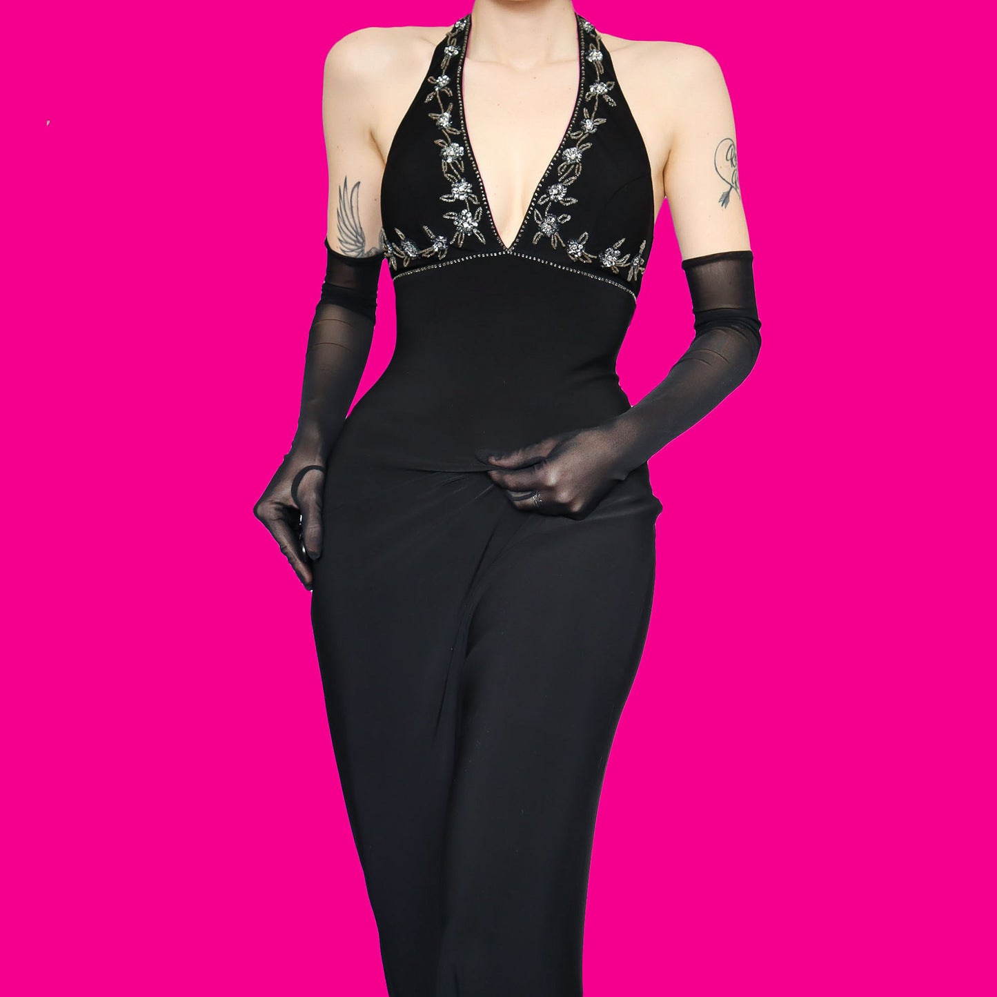 Black stretch halter neck evening dress UK 10