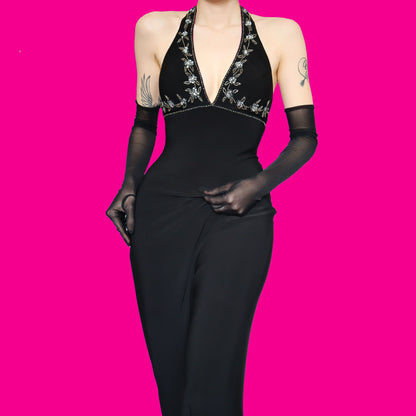 Black stretch halter neck evening dress UK 10