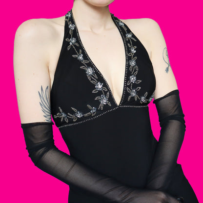 Black stretch halter neck evening dress UK 10