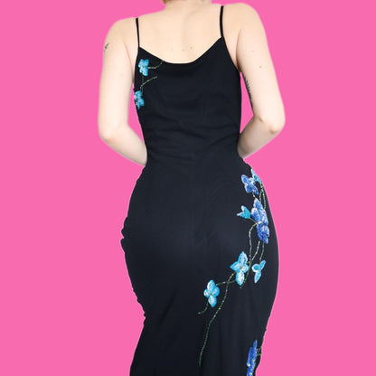 Beautiful black slip dress with blue floral sequin detail UK 12