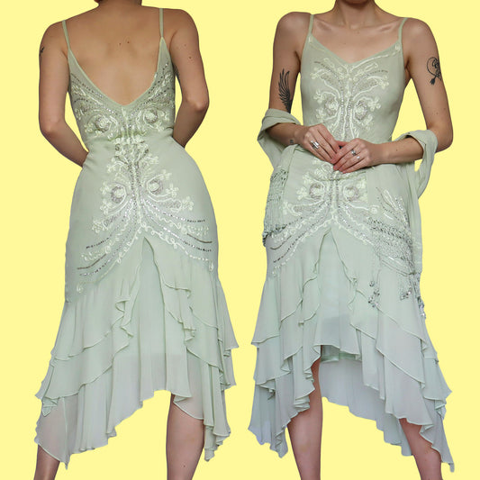 Green 100% silk midi dress & shawl UK 14