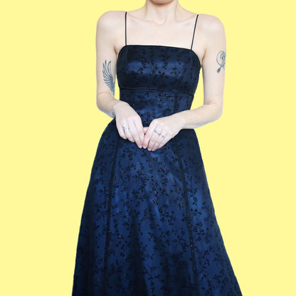 Beautiful blue glitter floral a line evening dress UK 8